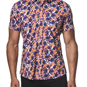 St33LE Shirt Men's S Small Stretch Jersey Floral Orange Purple Short Sleeve NWT